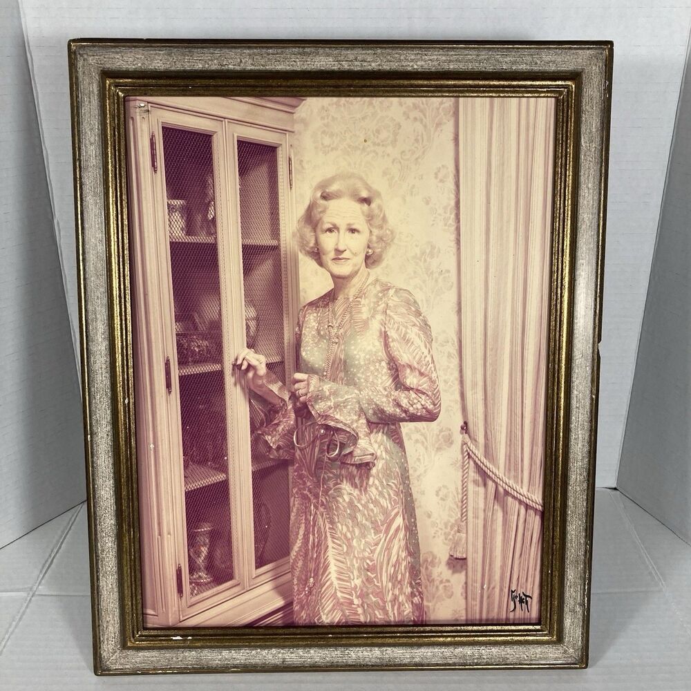 Vintage Framed Portrait Print Woman Grandma 60s Era Semi Color Signed